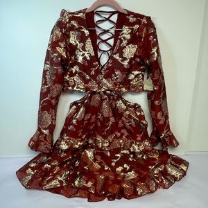 NWT Altar’d State Burgundy, Gold Dress w Cut outs + Lace up Back | Size M